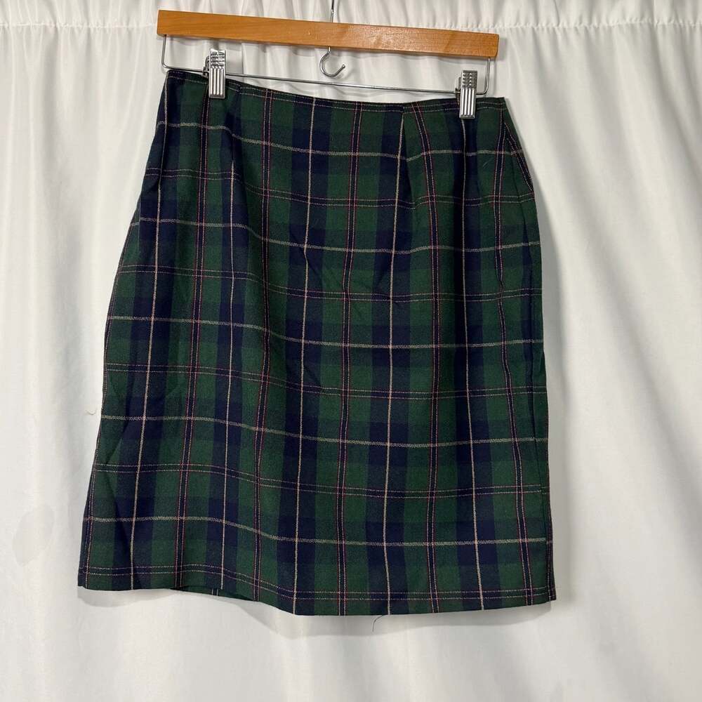 Christy Girl Green Plaid Polyester Pencil Mini Skirt Size 12 Vintage